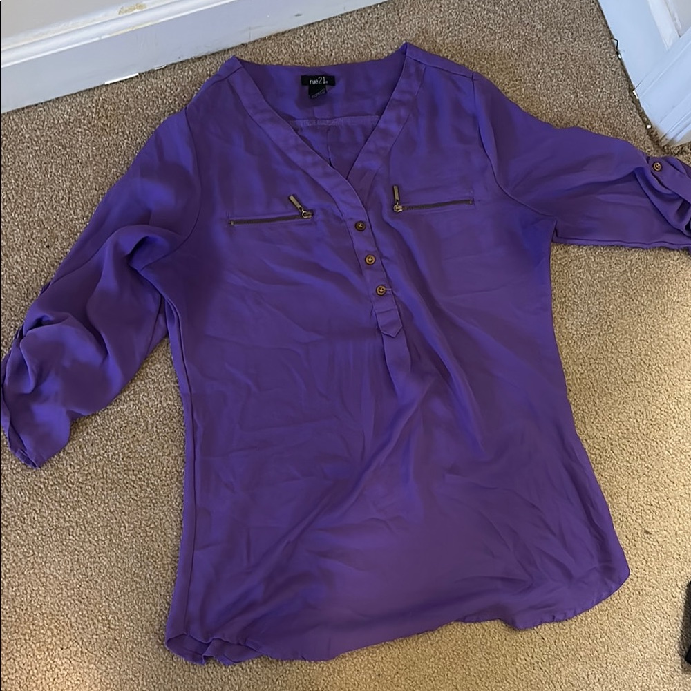 Rue21 Purple Blouse with Cuffed Sleeves and Mandarin Collar